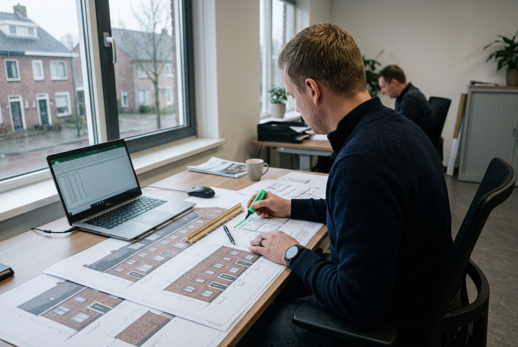 Een calculator markeert geprinte gevelaanzichten met een markeerstift, naast een laptop met een spreadsheet