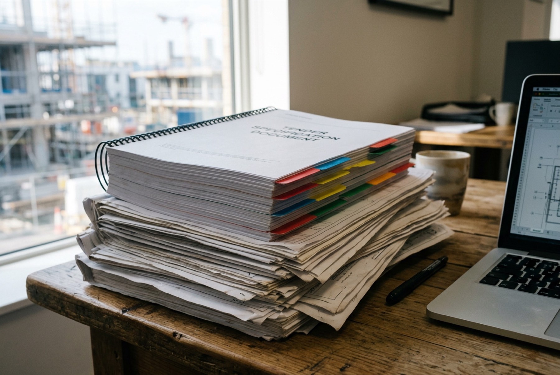 Een stapel geprinte aanbestedingsstukken met gekleurde tabbladen op een houten bureau, naast een laptop, met een bouwplaats achter het raam